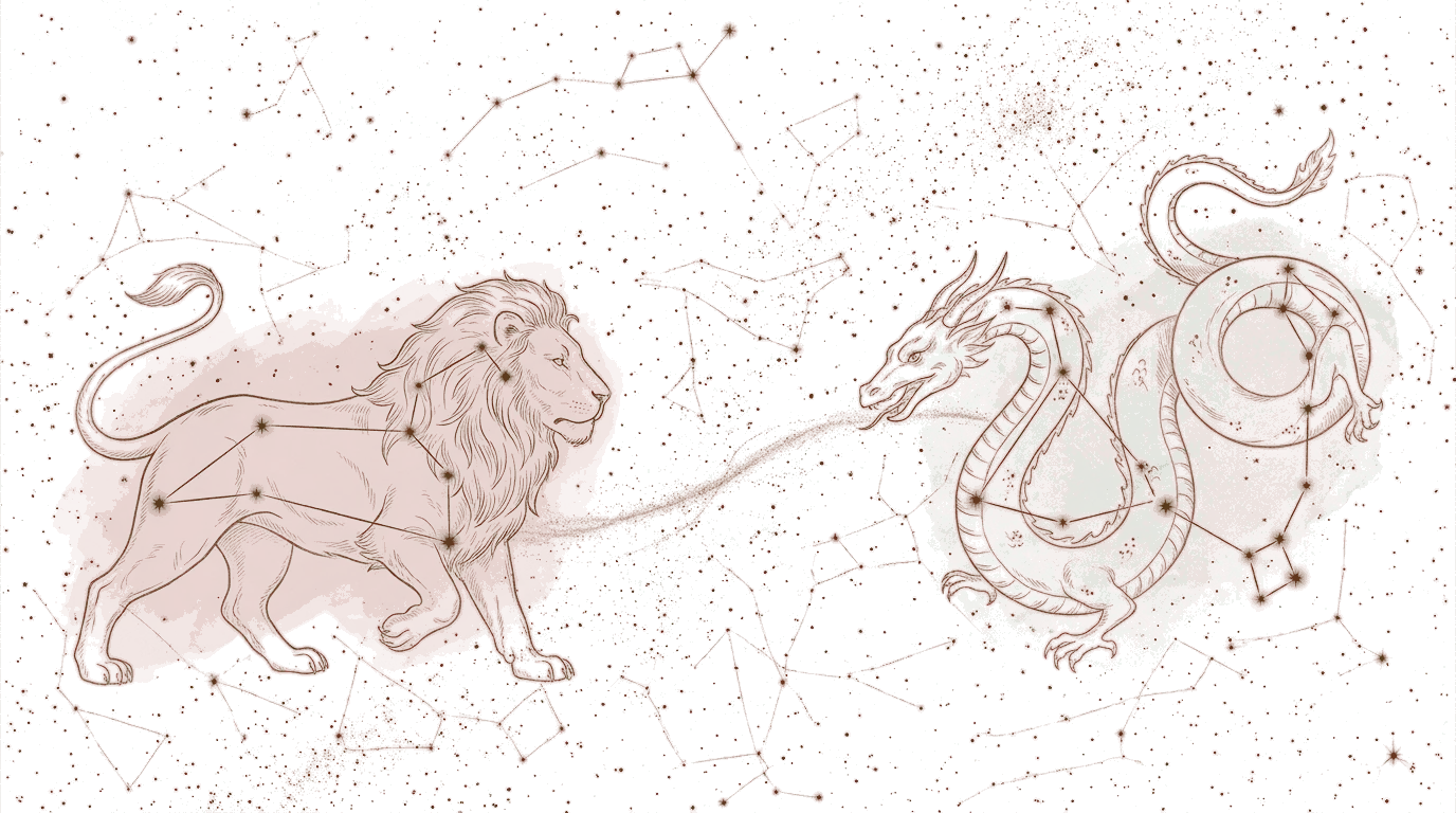 Gold constellations of a lion and a coiled dragon facing each other across a night sky, joined by a trail of stardust
